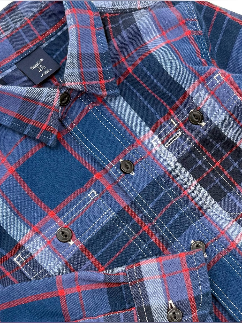 GUC Gap Little Boys Holiday Red Navy Plaid Flannel-Like Button Down Shirt XS 4-5